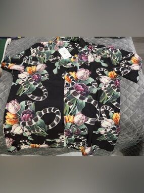 Floral Snake Print Button-Up Shirt - Black XL